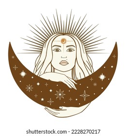 Hand drawn mystical woman with Sun, Moon, star in line art. Spiritual abstract silhouette young woman. Magic profile, esoteric talisman. Vector illustration isolated on white background