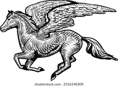 hand drawn mythical winged horse in classic style black and white