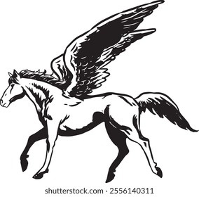 hand drawn mythical winged horse in classic style black and white