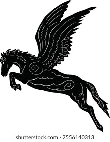 hand drawn mythical winged horse in classic style black and white