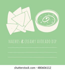 Hand drawn nachos and creamy avocado dip. Vector illustration of Mexican food