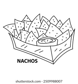 Ilustração desenhada à mão de Nachos. Comida e Snacks Página de Coloração. Desenhos ousados e fáceis para adultos e crianças. Vetor Nachos para livro de colorir. Desenho Nachos simples para todas as idades