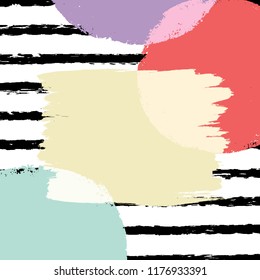 Hand drawn nackground with striped pattern and various strokes. Monochrome horizontal ink brush strokes with colorful textured patches for designs. Colorful hand drawn background with copy space.