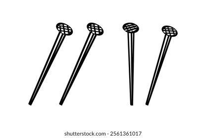 Hand drawn nail illustration, construction and carpentry fastener in black and white vector design