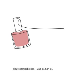 Vetor de garrafas de esmalte desenhado à mão. Ícone Cosméticos. Desenho contínuo de uma linha. Silhueta linear do produto de beleza. Impressão mínima, faixa, cartão, cartaz, brochura, logotipo, sinal, símbolo.