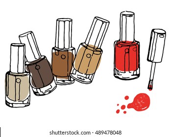 Hand drawn nail polish bottles set. Fashion illustration. Beauty sketching. Vector illustration