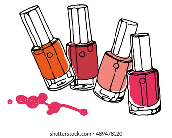 Hand drawn nail polish bottles set. Fashion illustration. Beauty sketching. Vector illustration