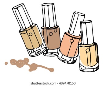 Hand drawn nail polish bottles set. Fashion illustration. Beauty sketching. Vector illustration