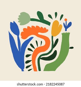 Hand drawn naive abstract floral illustration. Modern template for design. Cute cartoon style.