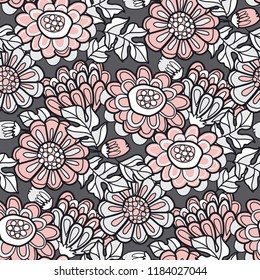 Hand drawn naive autumn flowers seamless pattern in pastel pink, black and white colors. Fall season stock vector illustration.