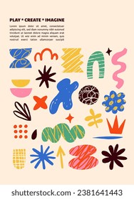 Hand drawn naive, bizarre abstract geometric poster, flyer and banner. Modern contemporary figures, various organic shapes and doodle objects, vector graphic elements. Vector illustrations collection