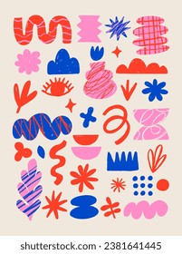 Hand drawn naive, bizarre abstract geometric shapes and forms. Modern contemporary figures, various organic shapes and doodle objects and graphic elements. Vector illustrations collection