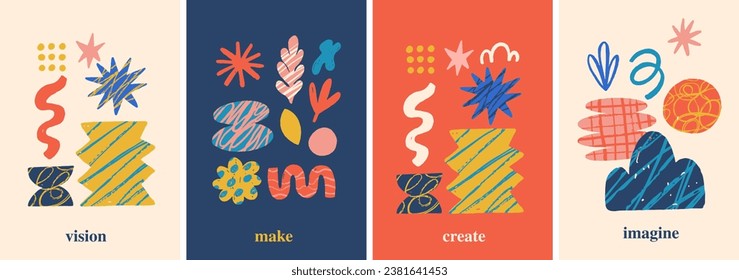 Hand drawn naive, bizarre abstract geometric poster, flyer and banner. Modern contemporary figures, various organic shapes and doodle objects, vector graphic elements. Vector illustrations collection