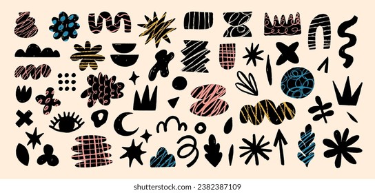 Hand drawn naive, bizarre abstract geometric shapes and forms. Modern contemporary figures, various organic shapes and doodle objects and graphic elements. Vector illustrations collection