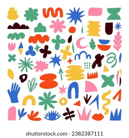 Hand drawn naive, bizarre abstract geometric shapes and forms. Modern contemporary figures, various organic shapes and doodle objects and graphic elements. Vector illustrations collection