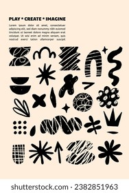 Hand drawn naive, bizarre abstract geometric poster, flyer and banner. Modern contemporary figures, various organic shapes and doodle objects, vector graphic elements. Vector illustrations collection