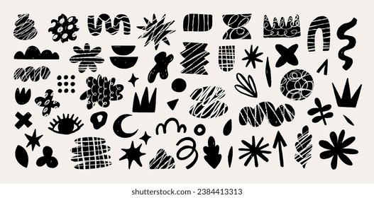 Hand drawn naive, bizarre abstract geometric shapes and forms. Modern contemporary figures, various organic shapes and doodle objects and graphic elements. Vector illustrations collection