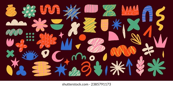 Hand drawn naive, bizarre abstract geometric shapes and forms. Modern contemporary figures, various organic shapes and doodle objects and graphic elements. Vector illustrations collection