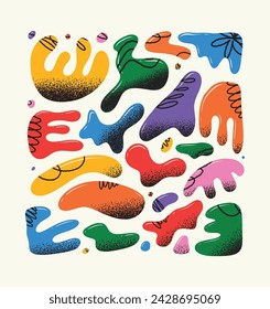 Hand drawn naive, bizarre abstract geometric shapes and textured organic forms. Modern contemporary liquid abstract organic textured blob shapes, various organic shapes and doodle objects, vector