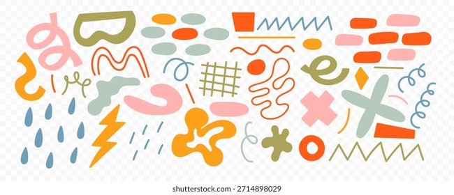 Formas e formas geométricas abstratas, ingênuas e bizarras desenhadas à mão. Figuras contemporâneas modernas, várias formas orgânicas e objetos de rabiscar, elementos gráficos vetoriais