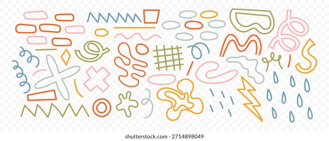 Formas e formas geométricas abstratas, ingênuas e bizarras desenhadas à mão. Figuras contemporâneas modernas, várias formas orgânicas e objetos de rabiscar, elementos gráficos vetoriais