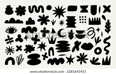 Hand drawn naive, bizarre abstract geometric shapes and forms. Modern contemporary figures, various organic shapes and doodle objects and graphic elements. Vector illustrations collection