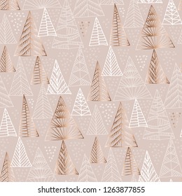 Hand drawn naive Christmas tree seamless pattern. Gold sparkling sketch with xmas trees for background, wrapping paper, fabric. Vector vintage luxury illustration