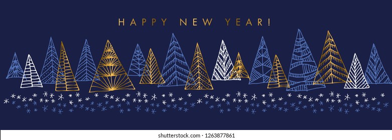Hand drawn naive Christmas tree horizontal design element for card, header, invitation. Gold sparkling sketch with xmas trees. Vector vintage luxury illustration