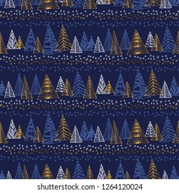 Hand drawn naive Christmas tree seamless pattern. Gold sparkling sketch with xmas trees for background, wrapping paper, fabric. Vector vintage luxury illustration