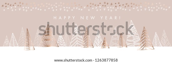 カード ヘッダー 招待用の手描きの素朴なクリスマスツリーの水平デザインエレメント クリスマスツリーを持つ金色の輝くスケッチ ベクタービンテージ 高級イラスト のベクター画像素材 ロイヤリティフリー 1263877858