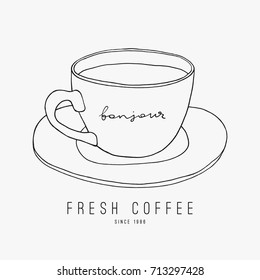 Hand drawn naive cup of coffee vector line art on the white background. Cafe or menu logo concept