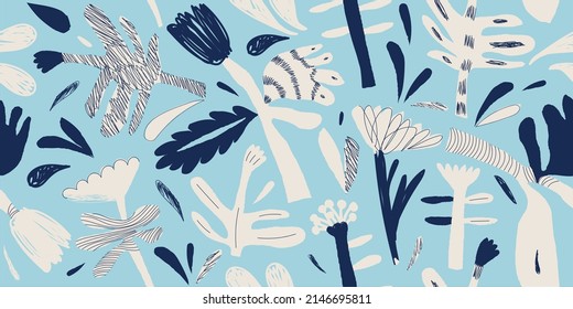 Hand drawn naive cute abstract flowers pattern. Collage contemporary print. Fashionable template for design.