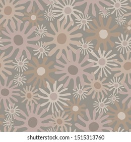 Hand drawn naive daisy bloom seamless pattern. Tossed floral background. Soft grey neutral muted tones. All over print for asian homespun zakka craft, home decor, stationery. Vector repeat eps10