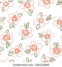 Handgezeichnet naive, feine Blumen mit Blättern, Vektor nahtlos Muster. Blotched Retro-florale Textur für Textilien, Druck, Gewebe, Wrap, Papier.