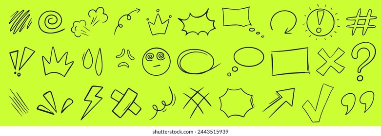 Hand drawn naive doodles on an editable green background. Vector graphics.