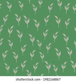 Hand drawn naive seamless pattern with little random grey scandi leaf branches print. Green background. Perfect for fabric design, textile print, wrapping, cover. Vector illustration.