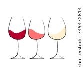 hand drawn naive simplified three wine glasses in a row half filled with red, rose and white wine on a white background - flat vector illustration