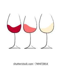 hand drawn naive simplified three wine glasses in a row half filled with red, rose and white wine on a white background - flat vector illustration