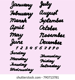 Hand drawn names days of the week and months