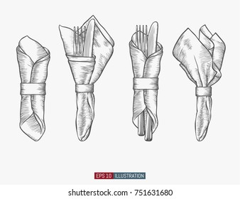 Hand drawn napkins and cutlery set. Engraved style vector illustration. Elements for your design works.
