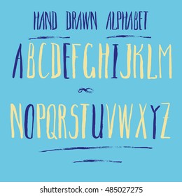 Hand drawn narrow alphabet. Narrow doodle font. Hipster capital letters.