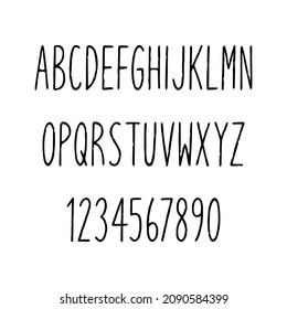 Hand drawn narrow alphabet. Uppercase tall and thin letters and numbers on white background for design.
