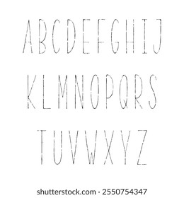 Hand drawn narrow alphabet. Uppercase tall and thin letters on white background for design.