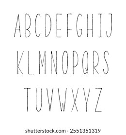 Letra estreita desenhada à mão. Letras maiúsculas altas e finas sobre fundo branco para design.
