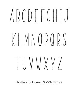Hand drawn narrow alphabet. Uppercase tall and thin letters on white background for design.