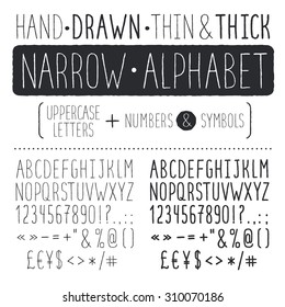 Hand drawn narrow alphabet. Uppercase tall and thin letters and symbols. Handdrawn sans serif font. Narrow doodle font.  Hipster capital letters. Light and bold condensed type. 