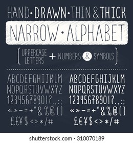 Hand drawn narrow alphabet. Uppercase tall and thin letters and symbols on chalkboard. Handdrawn typography. Narrow doodle font. Light and bold condensed type. Hipster capital letters.