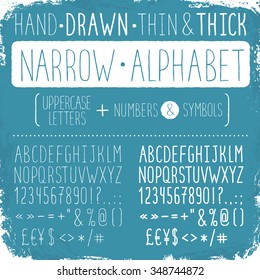 Hand Drawn Narrow Alphabet. Uppercase Tall And Thin Letters And Symbols. Handdrawn Sans Serif Font. Narrow Doodle Font On Blue Background. Light And Bold Condensed Type.