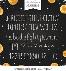 Hand drawn narrow alphabet. Uppercase and lowercase thin letters and numbers written on chalkboard. Handdrawn typography. Narrow doodle font with golden dots.