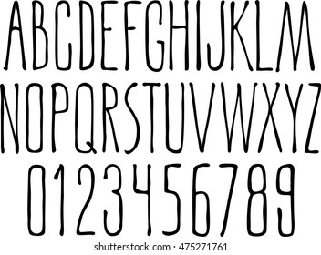 Hand Drawn Narrow Alphabet. Uppercase Tall And Thin Letters . Handdrawn Sans Serif Font. Narrow Doodle Font.